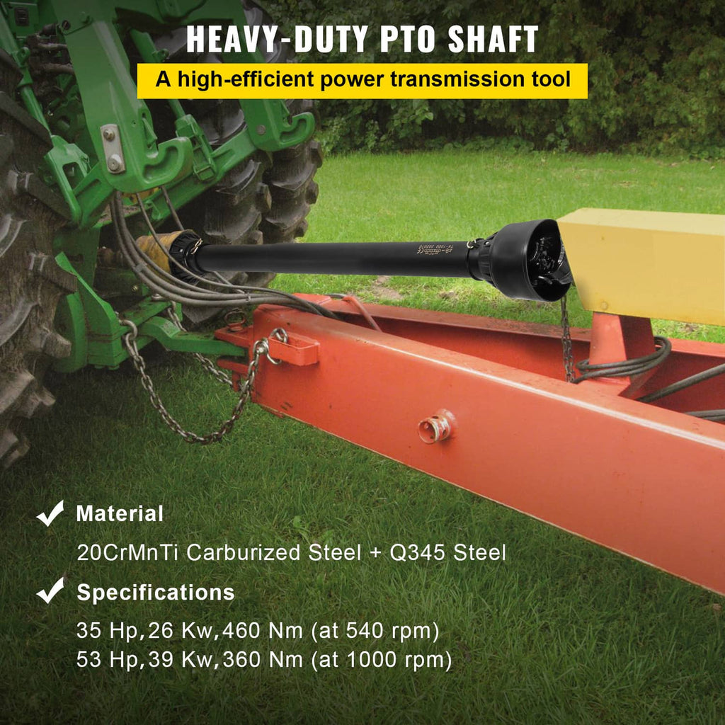 PTO drive shaft on tractor implement with black yokes and safety chain