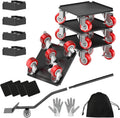 Heavy duty furniture dolly with black platform and red caster wheels, moving kit