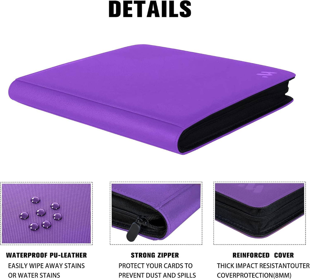 Purple card binder with black reinforced cover; close-up view of zipper and corner
