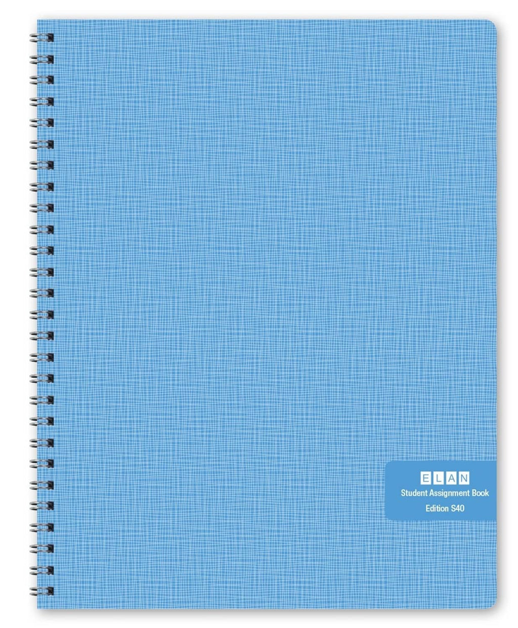Blue undated student planner back cover with wire-o binding and grid pattern