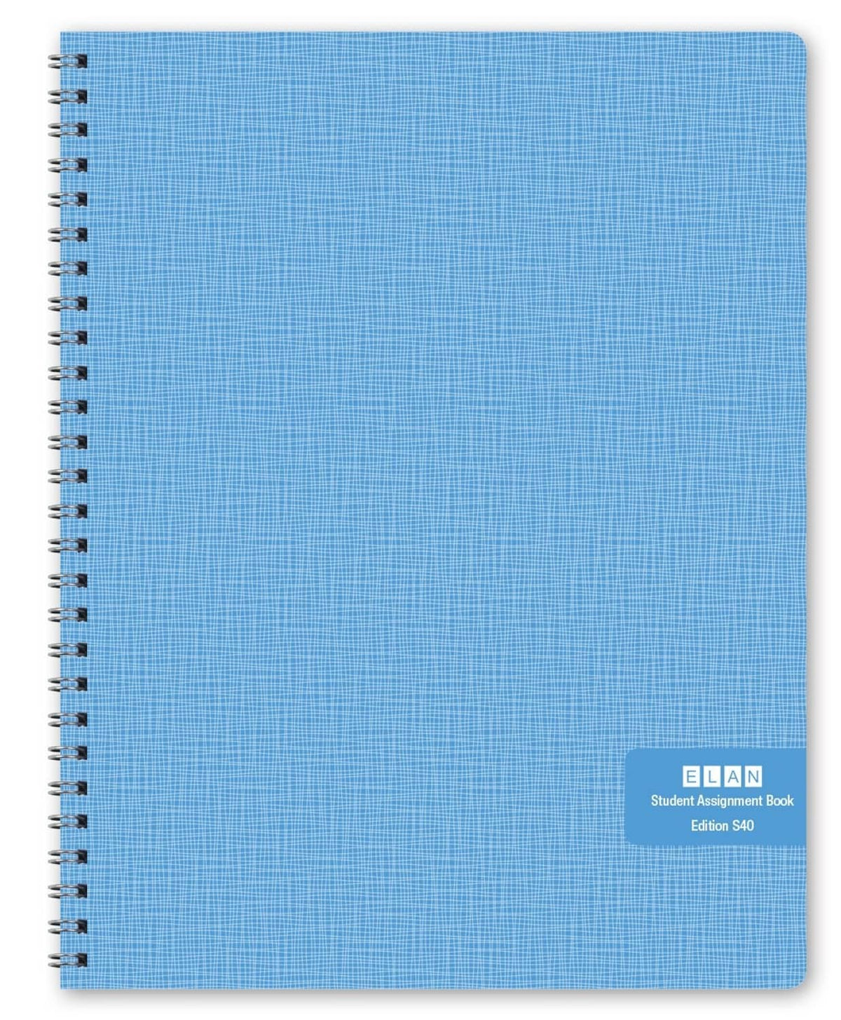 Blue undated student planner back cover with wire-o binding and grid pattern