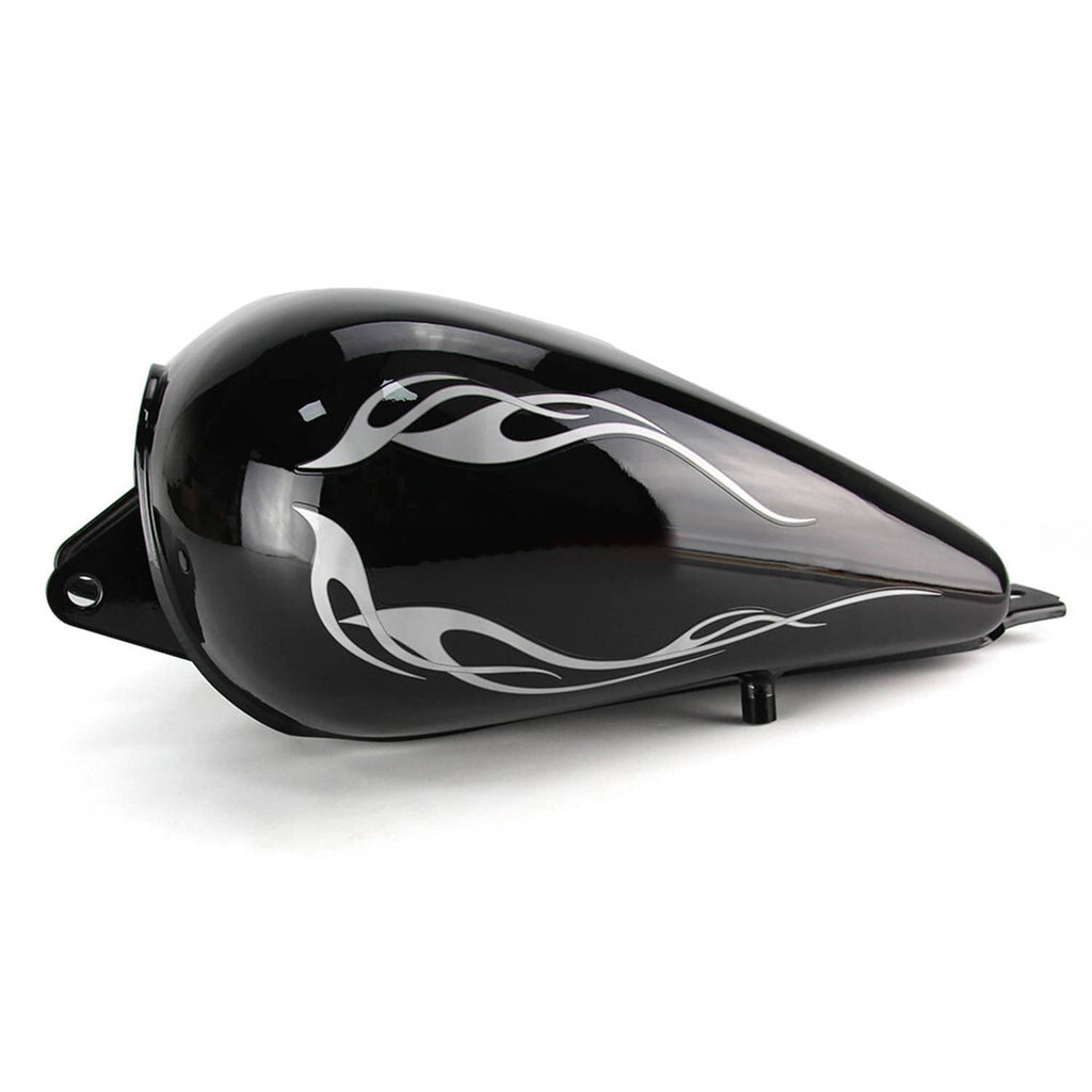 Black fuel tank with silver flame graphics and small side mounting tabs