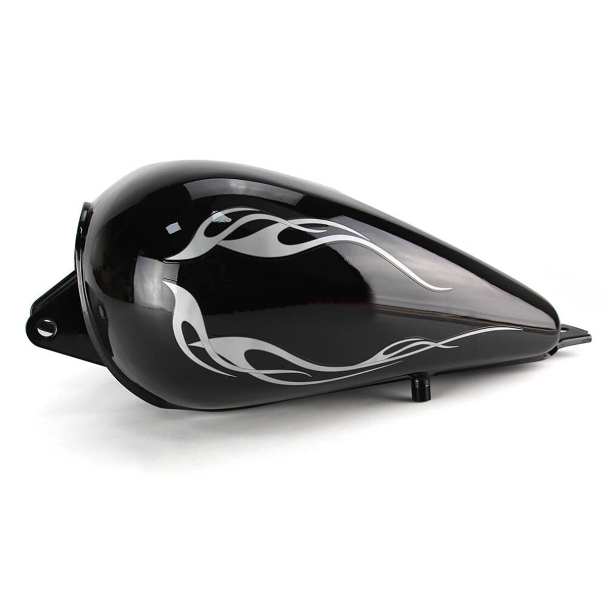Black fuel tank with silver flame graphics and small side mounting tabs
