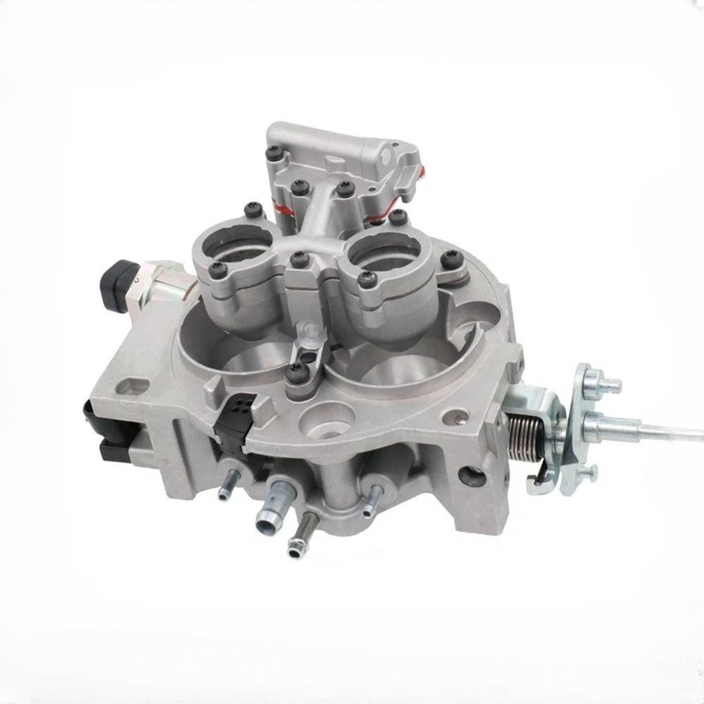 Throttle body with fuel injector assembly, angled view of silver housing and side inlet