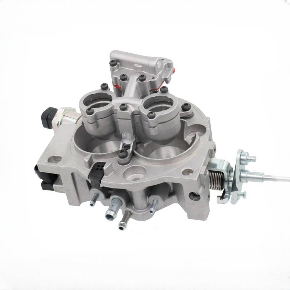 Throttle body with fuel injector assembly, angled view of silver housing and side inlet