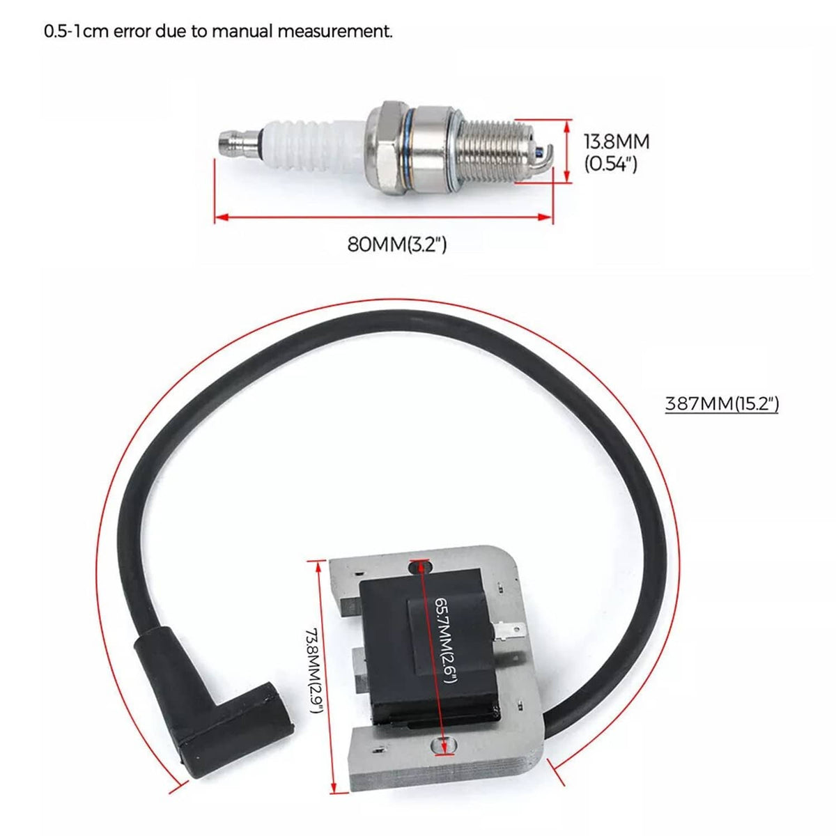 Ignition module with spark plug lead, size diagram showing cable and connector length