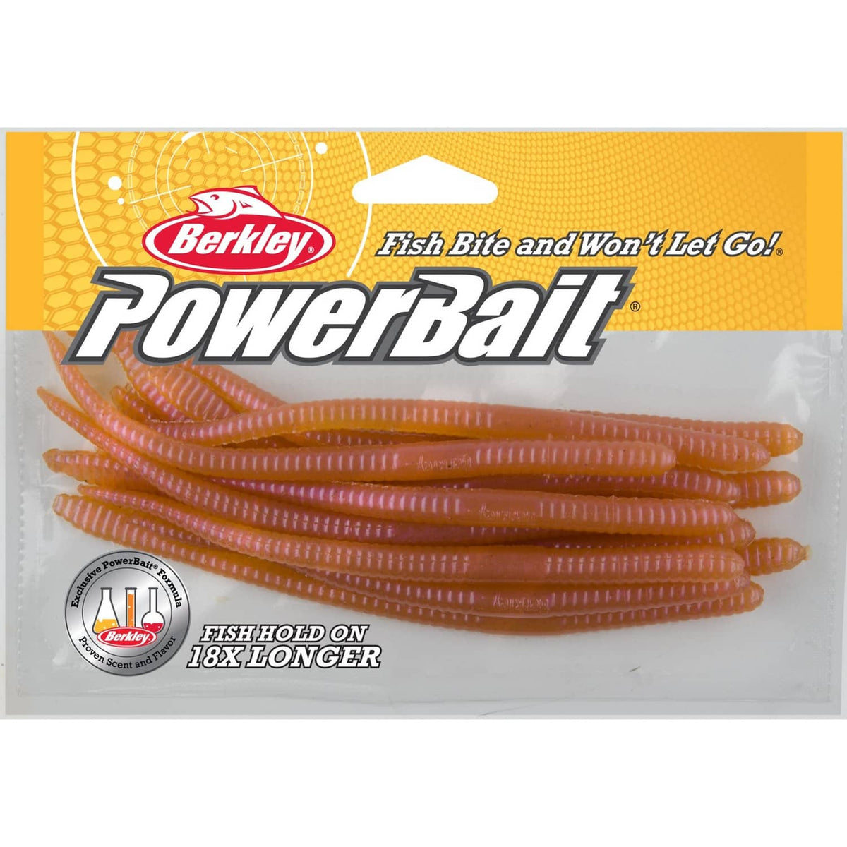 Soft fishing worms bait, orange PowerBait style, Berkley-branded pack