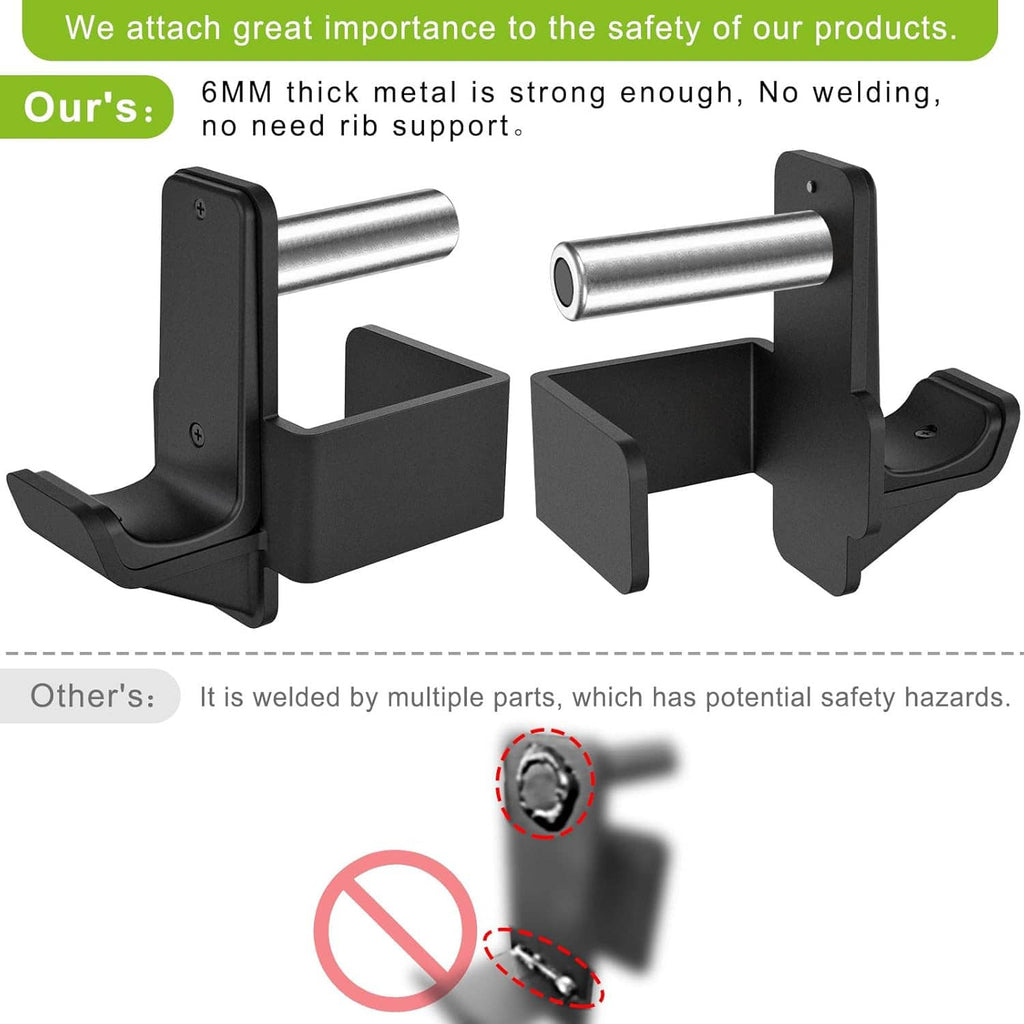 Black steel J-hooks with thick metal body and rubber-padded contact surfaces