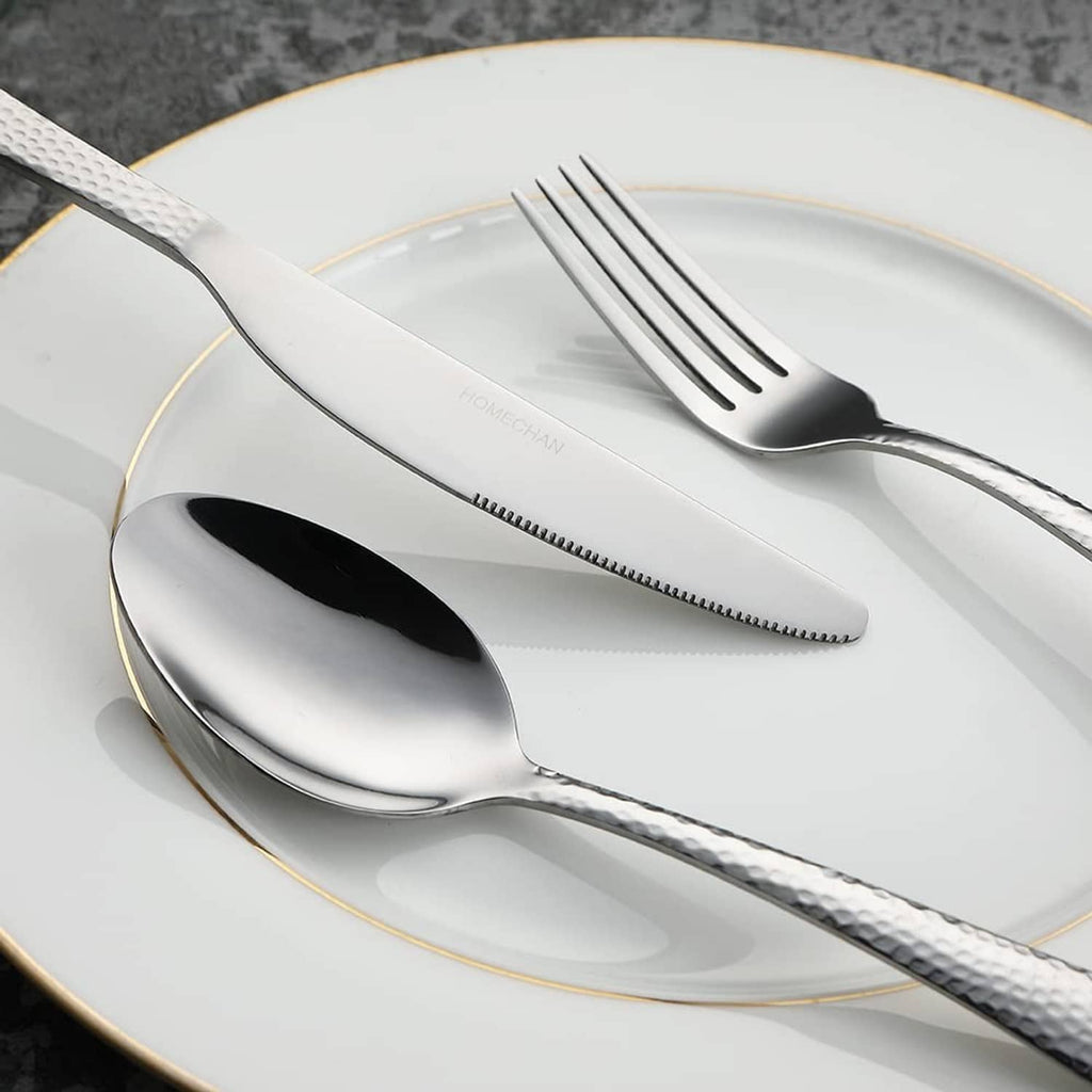 Stainless steel spoon and fork with hammered handles, silver finish