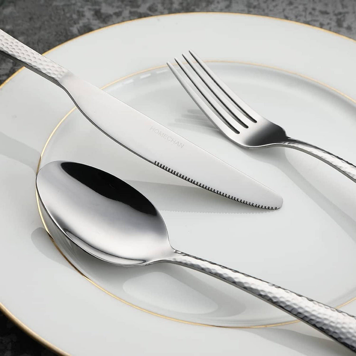 Stainless steel spoon and fork with hammered handles, silver finish