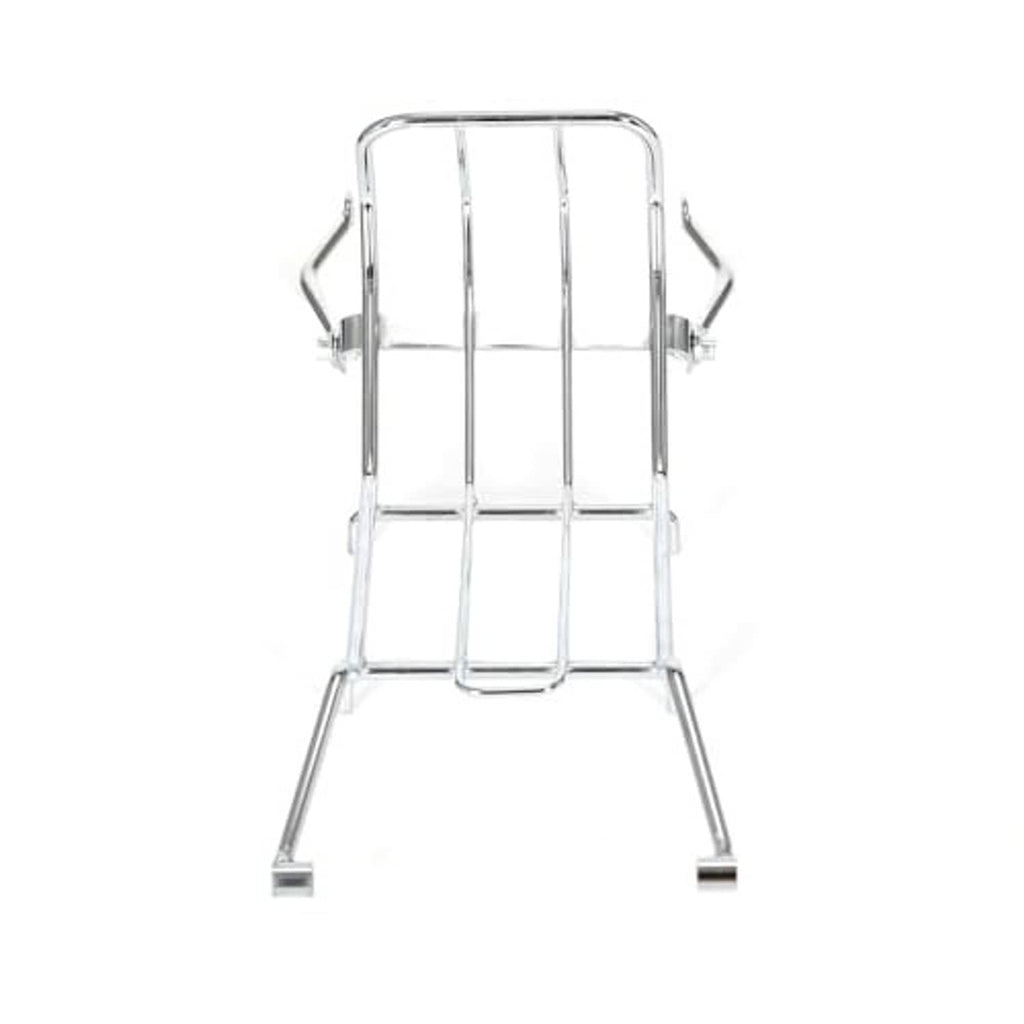 Chrome luggage rack carrier with rectangular top bars and two front support legs