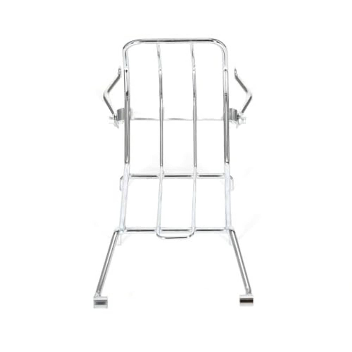 Chrome luggage rack carrier with rectangular top bars and two front support legs