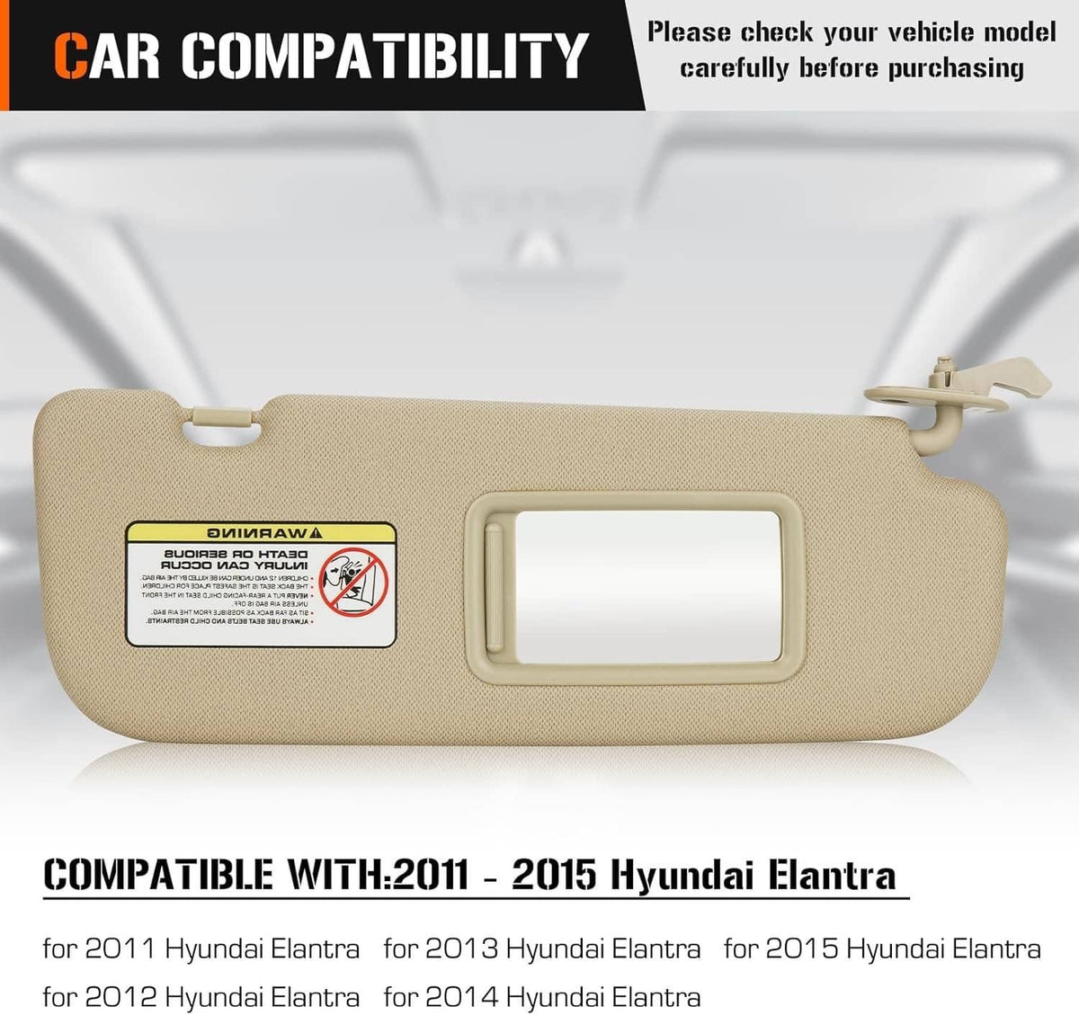 Beige sun visor with mirror window and mounting brackets