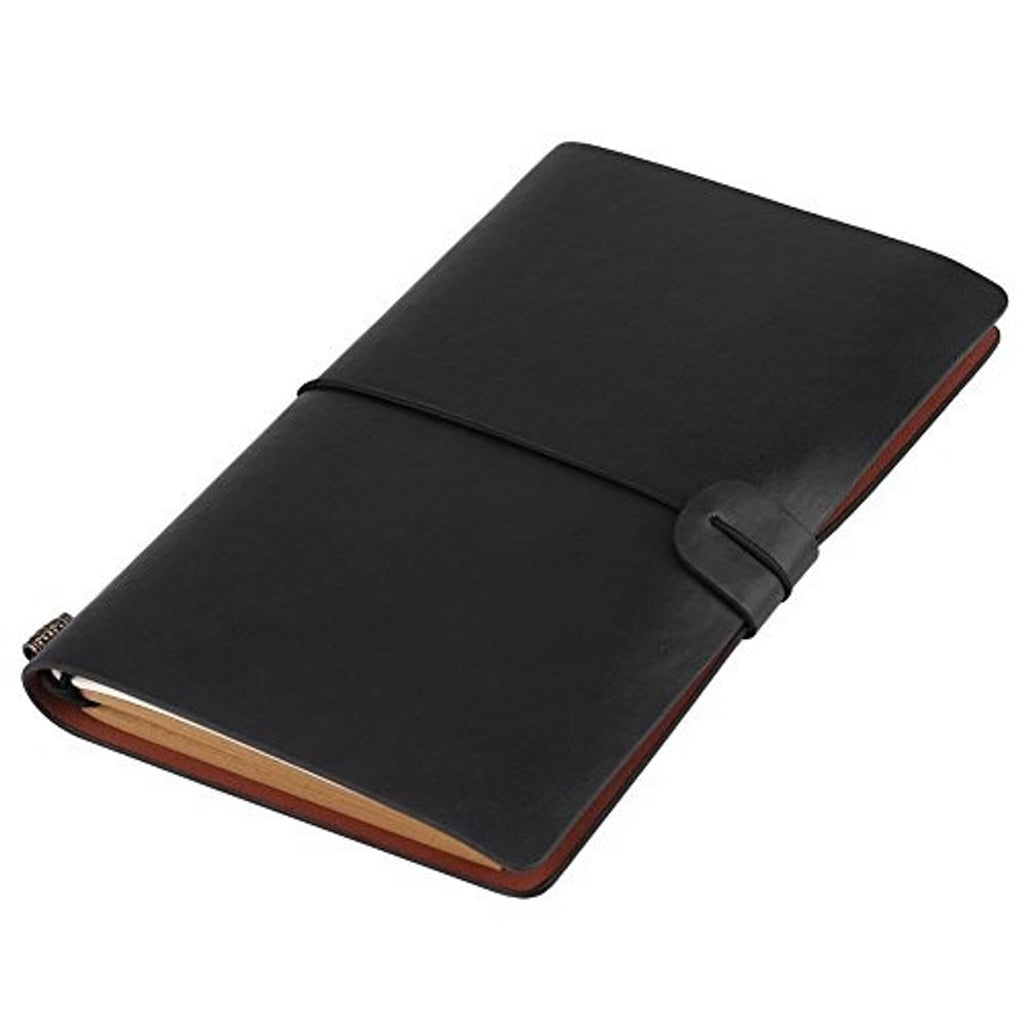 Black PU leather travel journal notebook with wraparound buckle strap and elastic pen loop