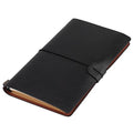 Black PU leather travel journal notebook with wraparound buckle strap and elastic pen loop