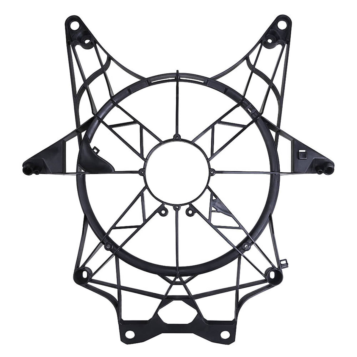 Black cooling radiator fan cover frame with central circular opening and side tabs