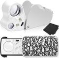 Illuminated jewelers loupe with fold-open lens and black textured cover, white housing