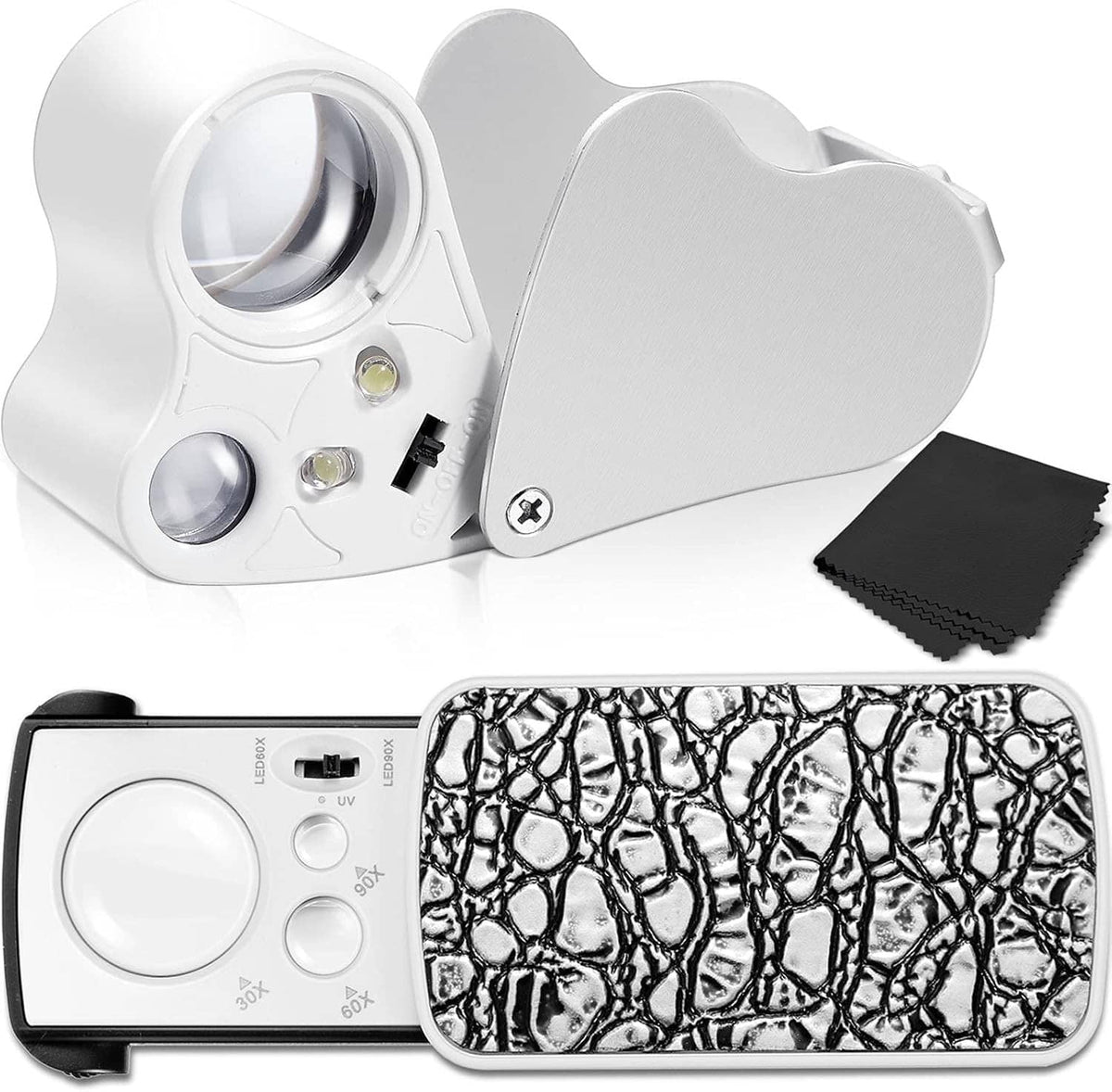 Illuminated jewelers loupe with fold-open lens and black textured cover, white housing