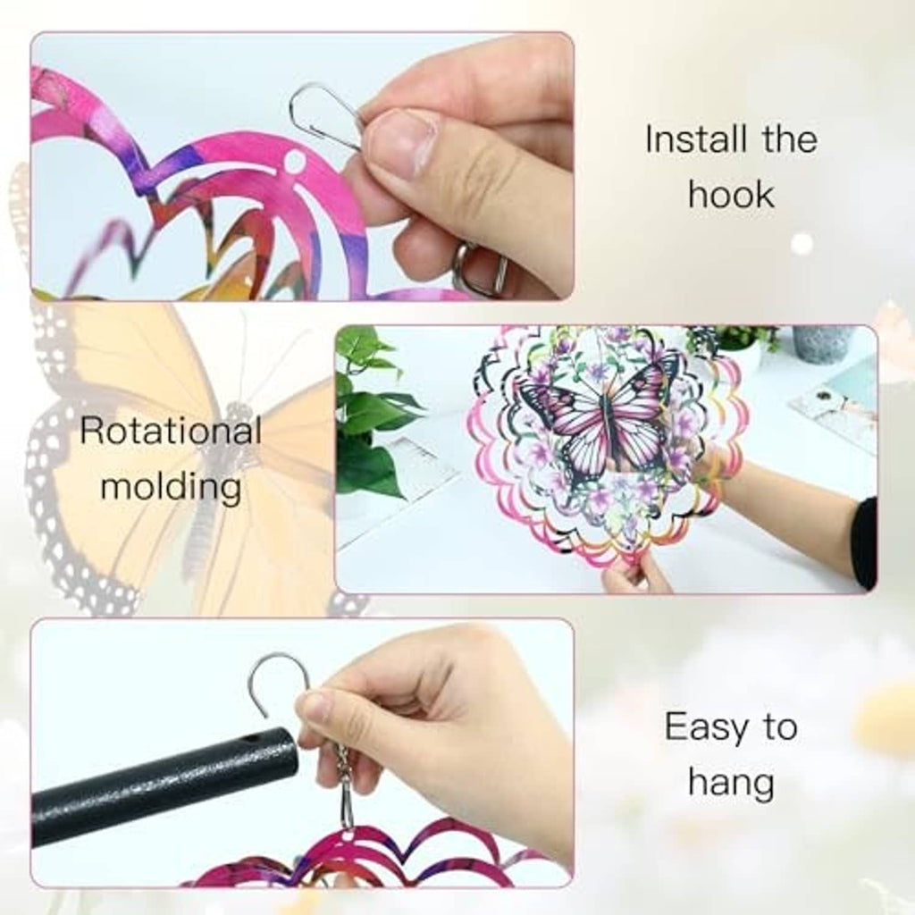 Butterfly wind spinner with multicolor layered rings, installation close-up near the top hook.