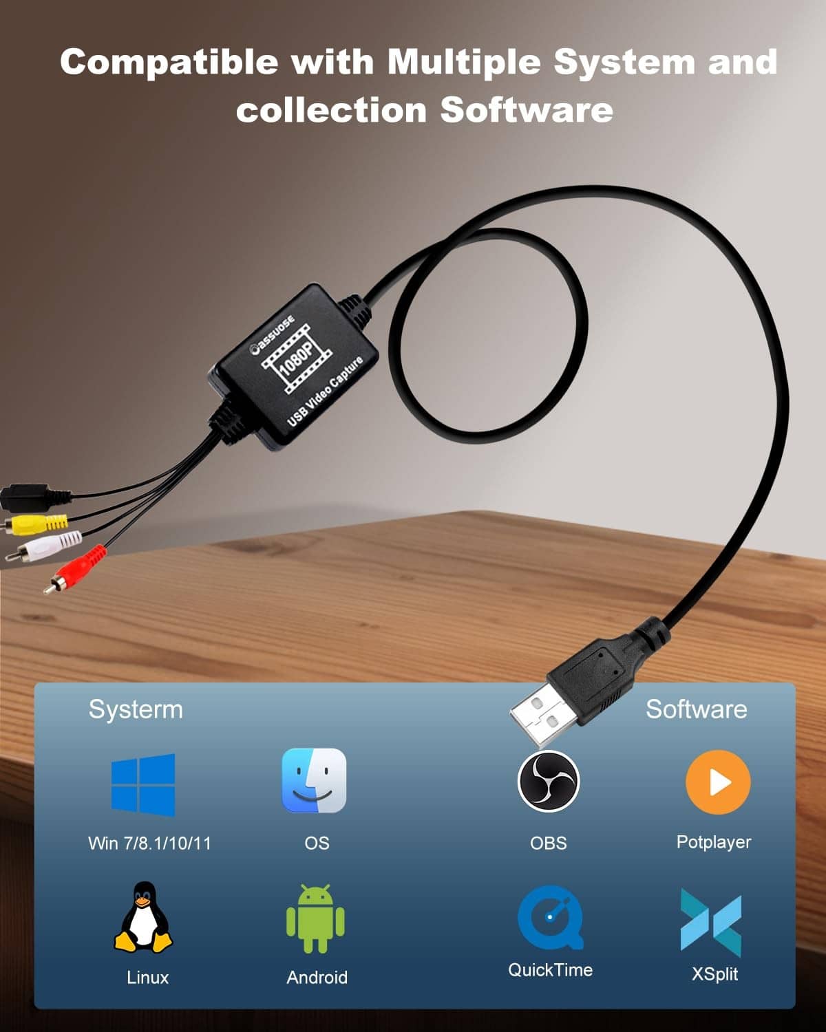 Black USB adapter cable with RCA connectors and inline module for digitizing