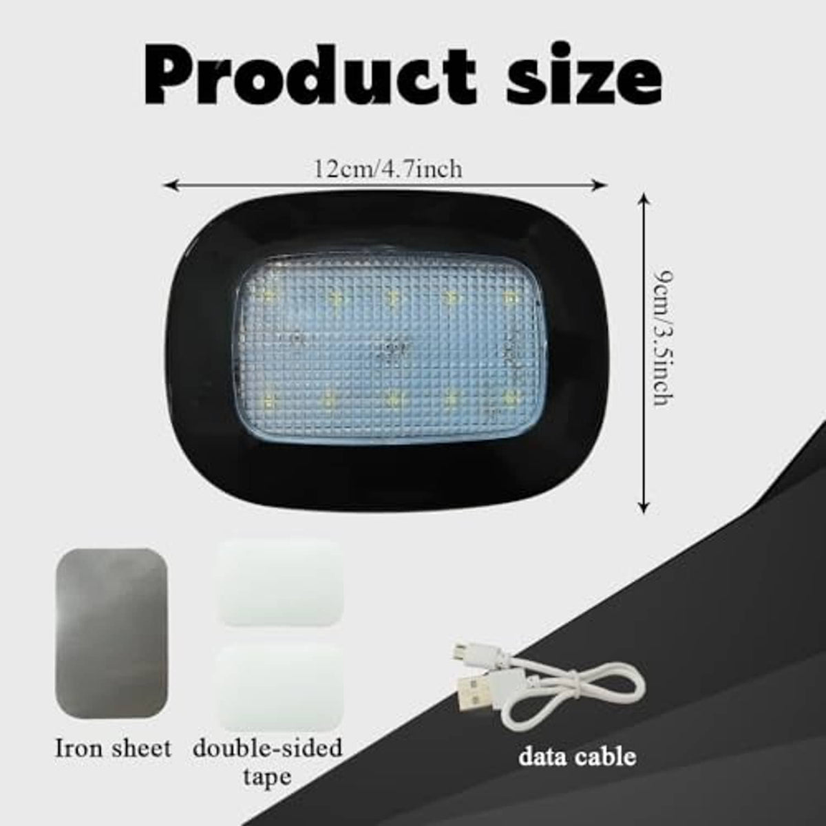 Car ceiling dome LED light, black casing with rectangular LED panel and accessory pads