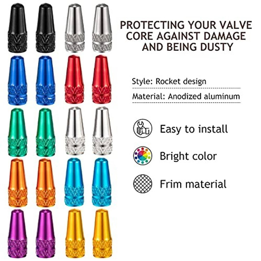 Rocket-style Presta valve caps, anodized aluminum in bright multi-color set