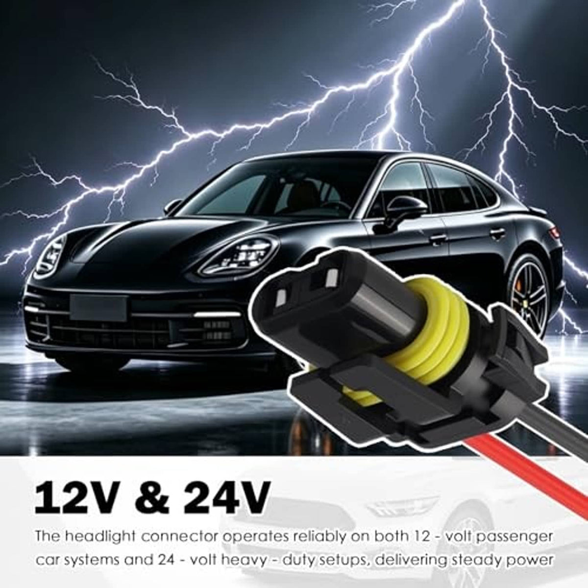 Wiring harness socket plug with yellow insulator, black body, with red/black wire leads