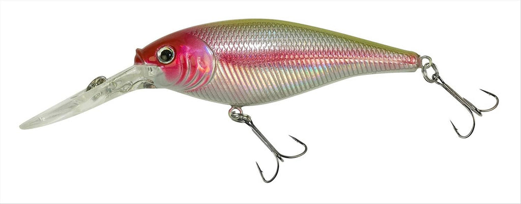 Chrome and red clown crankbait with three treble hooks, reflective body