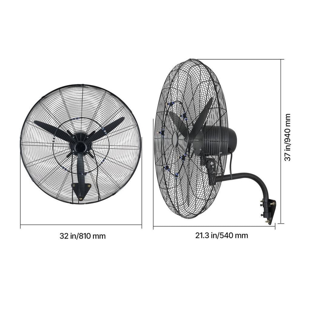 Wall-mounted fan side and front dimensions, black motor housing and wire grille.