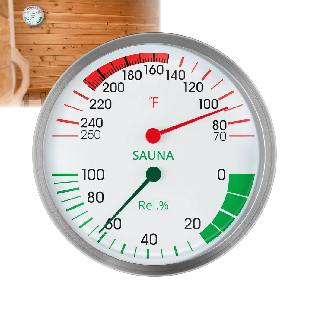 Round silver sauna thermometer hygrometer with red temperature needle and green humidity needle