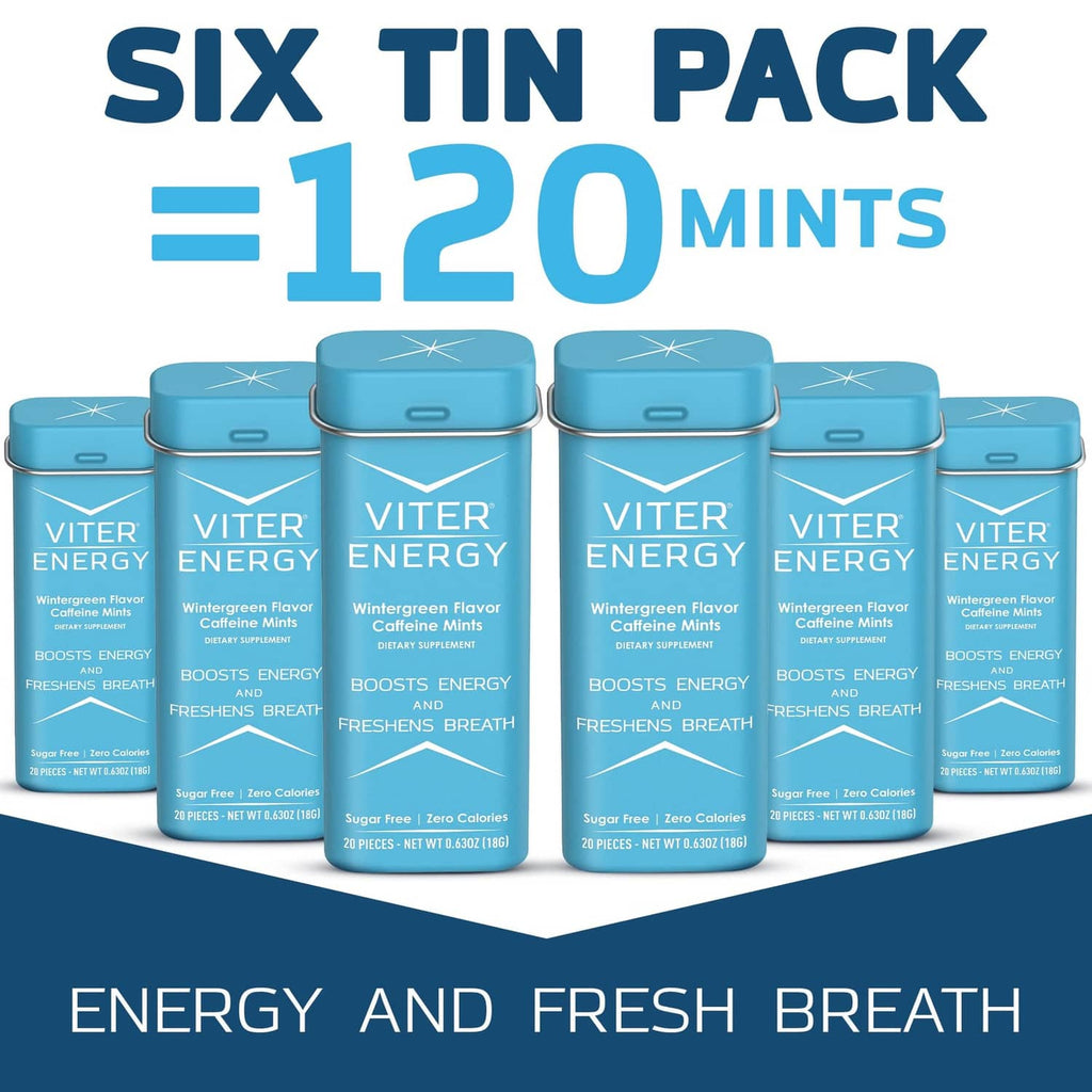 Viter Energy six-pack of wintergreen caffeinated mints tins with 120 total mints