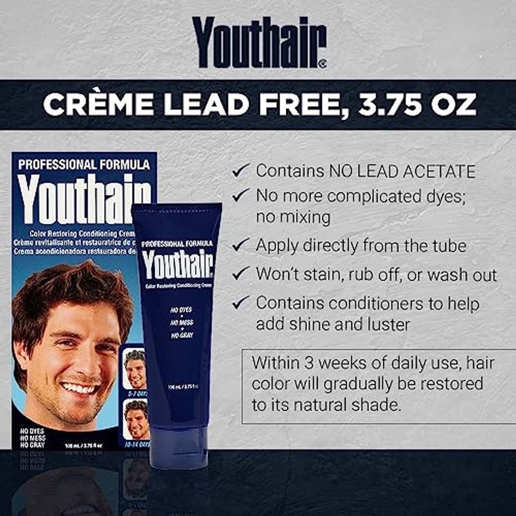 Youthair creme lead free 3.75 oz label panel with features checklist and tube image