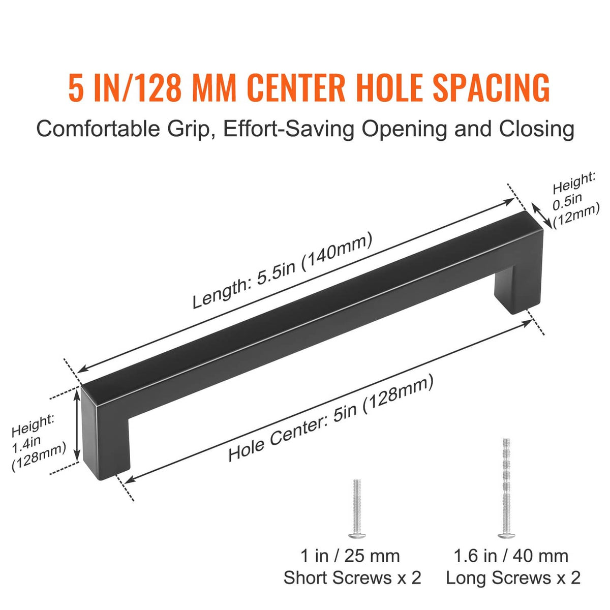5.5 in square cabinet pull handle; center hole spacing 5 in; includes screws