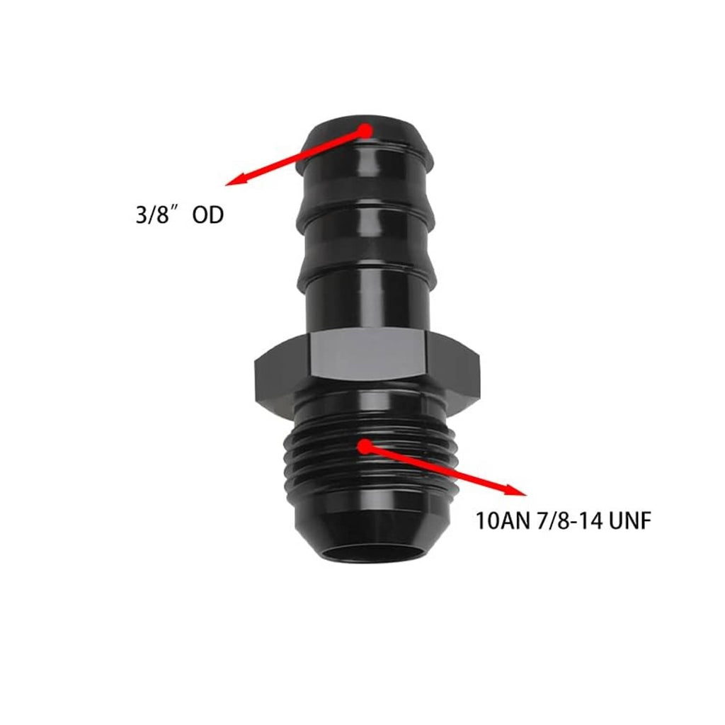 Black 10AN hose barb fitting showing 3/8" OD and 10AN 7/8-14 UNF thread