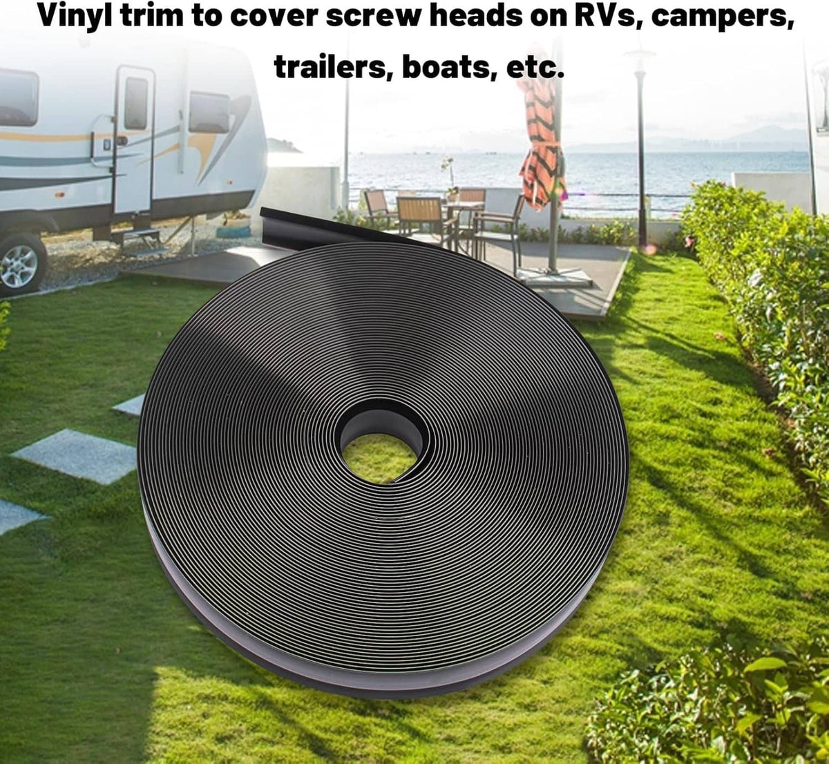 Black vinyl trim molding screw cover roll for RVs with coiled strip