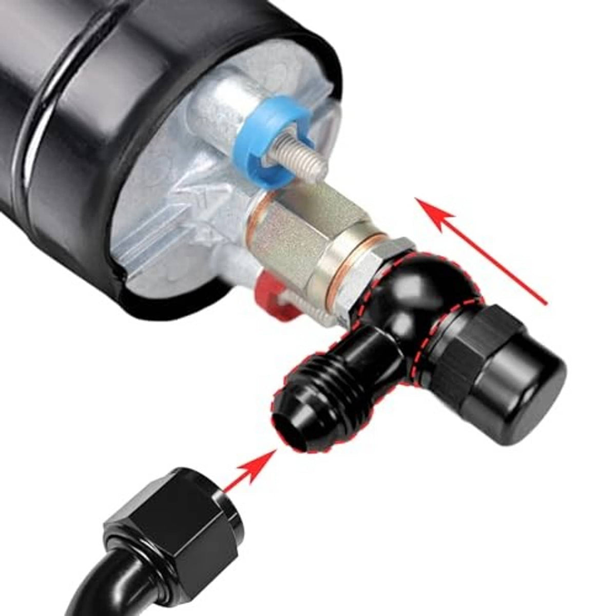 Black banjo fitting with blue spacer and angled threaded outlet for hose connection
