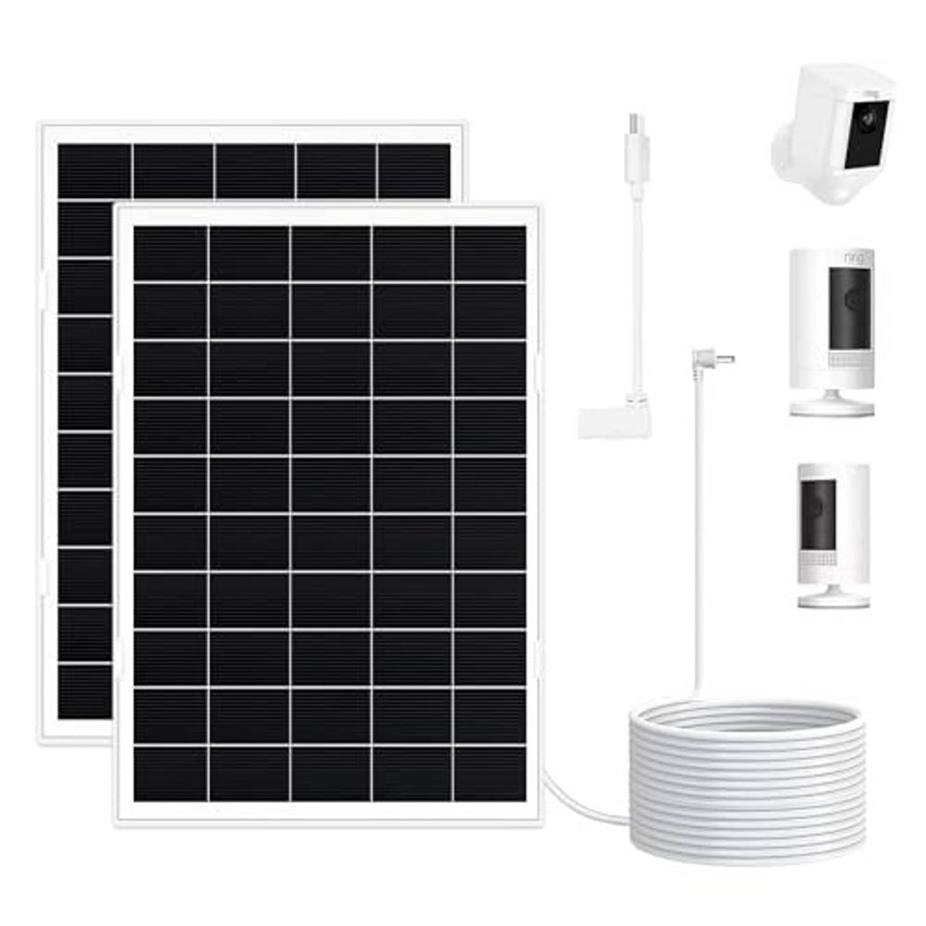 Two black solar panels with mounting adapters, cables, and coiled wire set