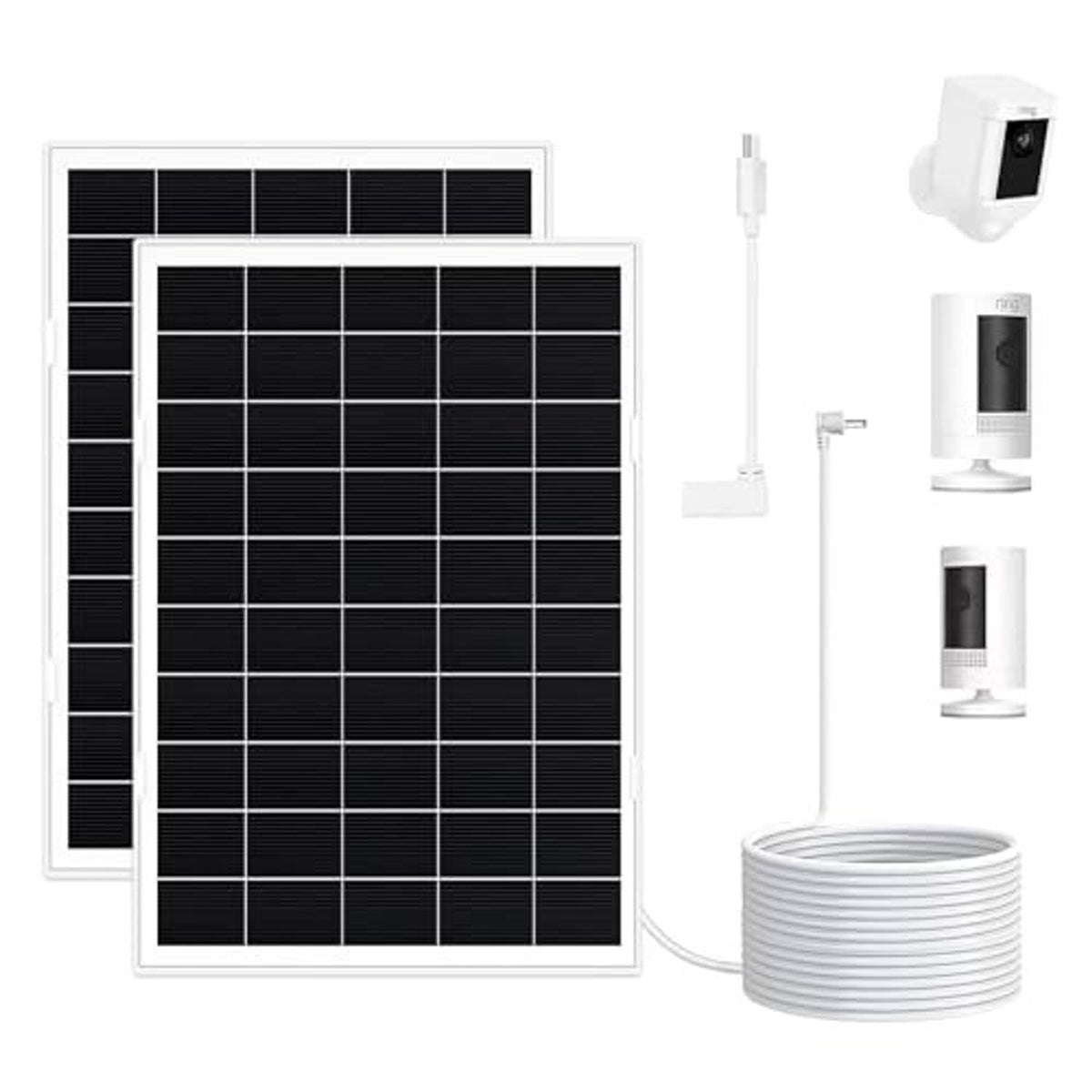 Two black solar panels with mounting adapters, cables, and coiled wire set