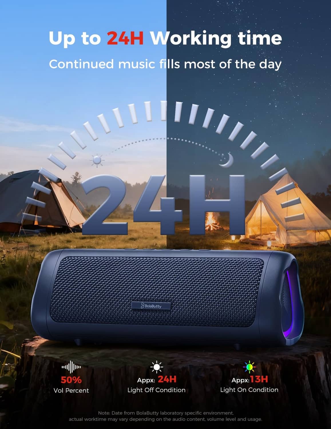 Navy portable Bluetooth speaker with purple-blue LED glow and textured front grille