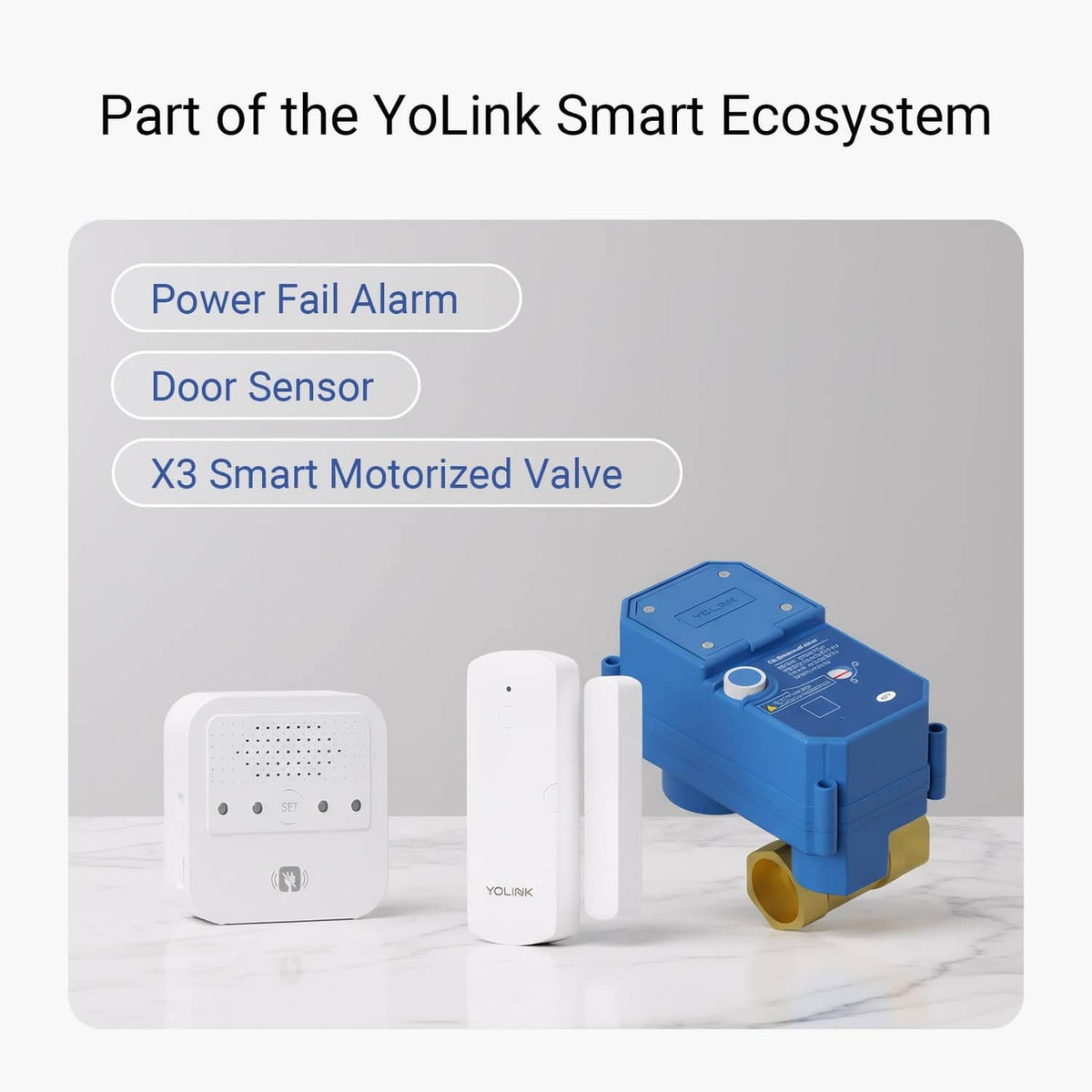 White smart hub and leak sensors with compatible blue smart valve module