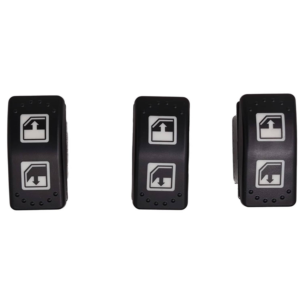 Black power window lift switch with three rocker buttons and up/down icons