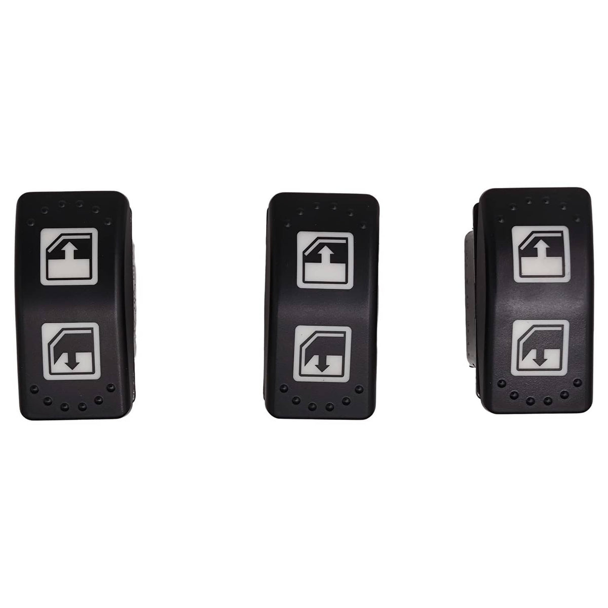 Black power window lift switch with three rocker buttons and up/down icons