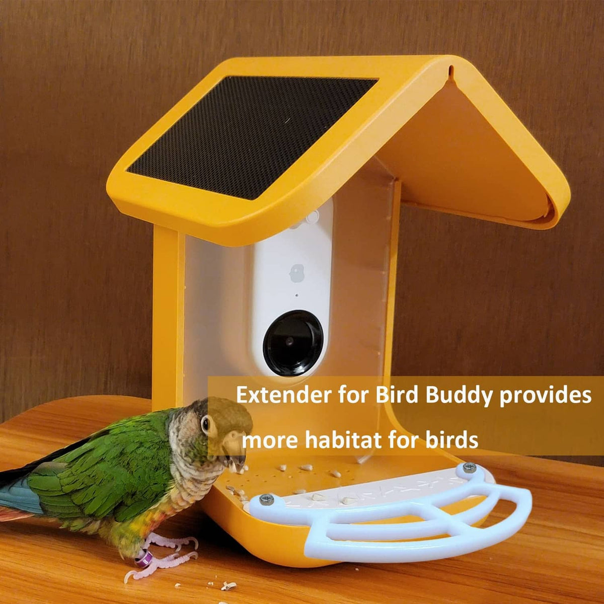 White perch accessory with circular mount, extending habitat on bird feeder