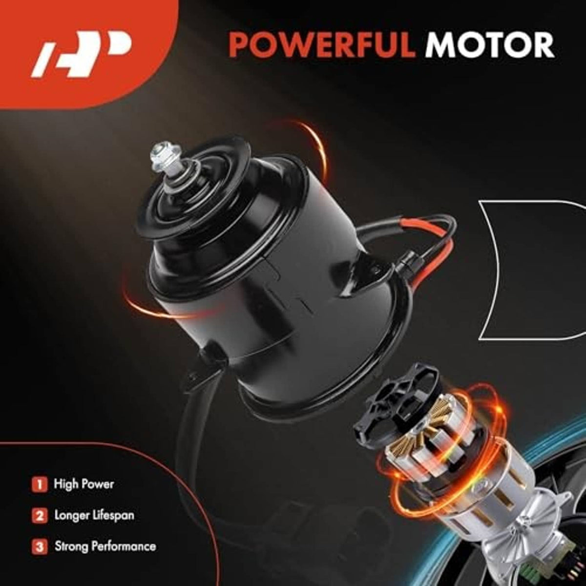 Radiator fan motor with black housing, mounting tabs, and red wire leads with connector