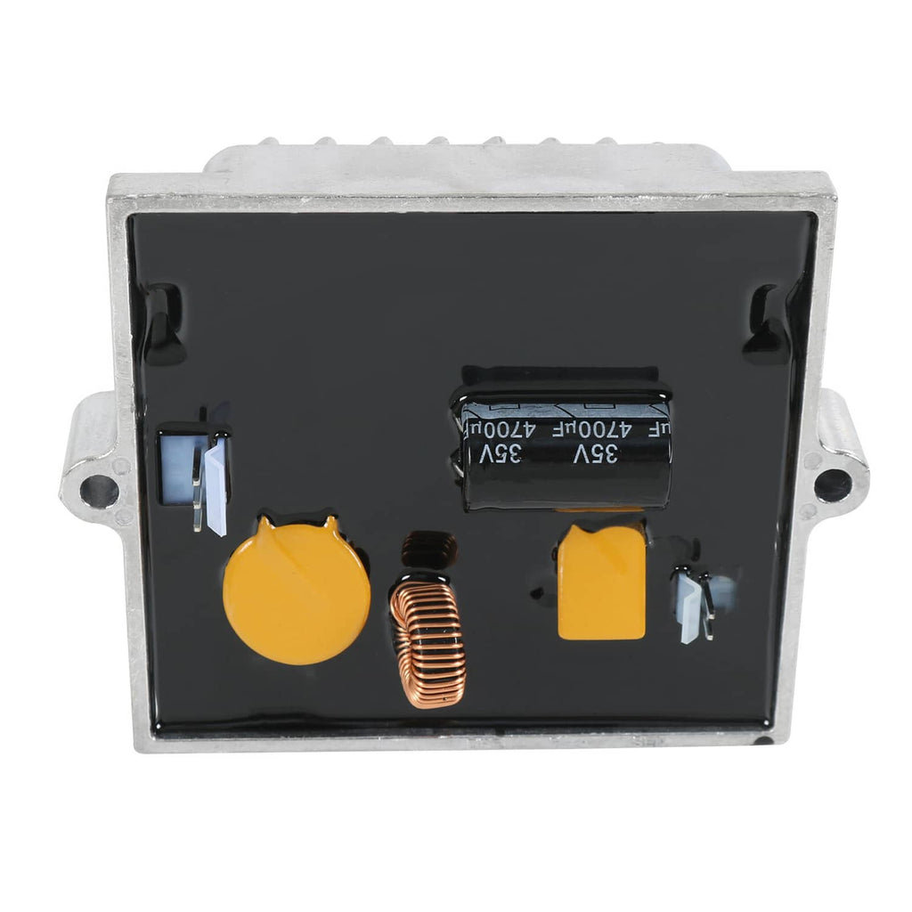 Battery charger control module rear view with yellow terminals and copper inductor coil
