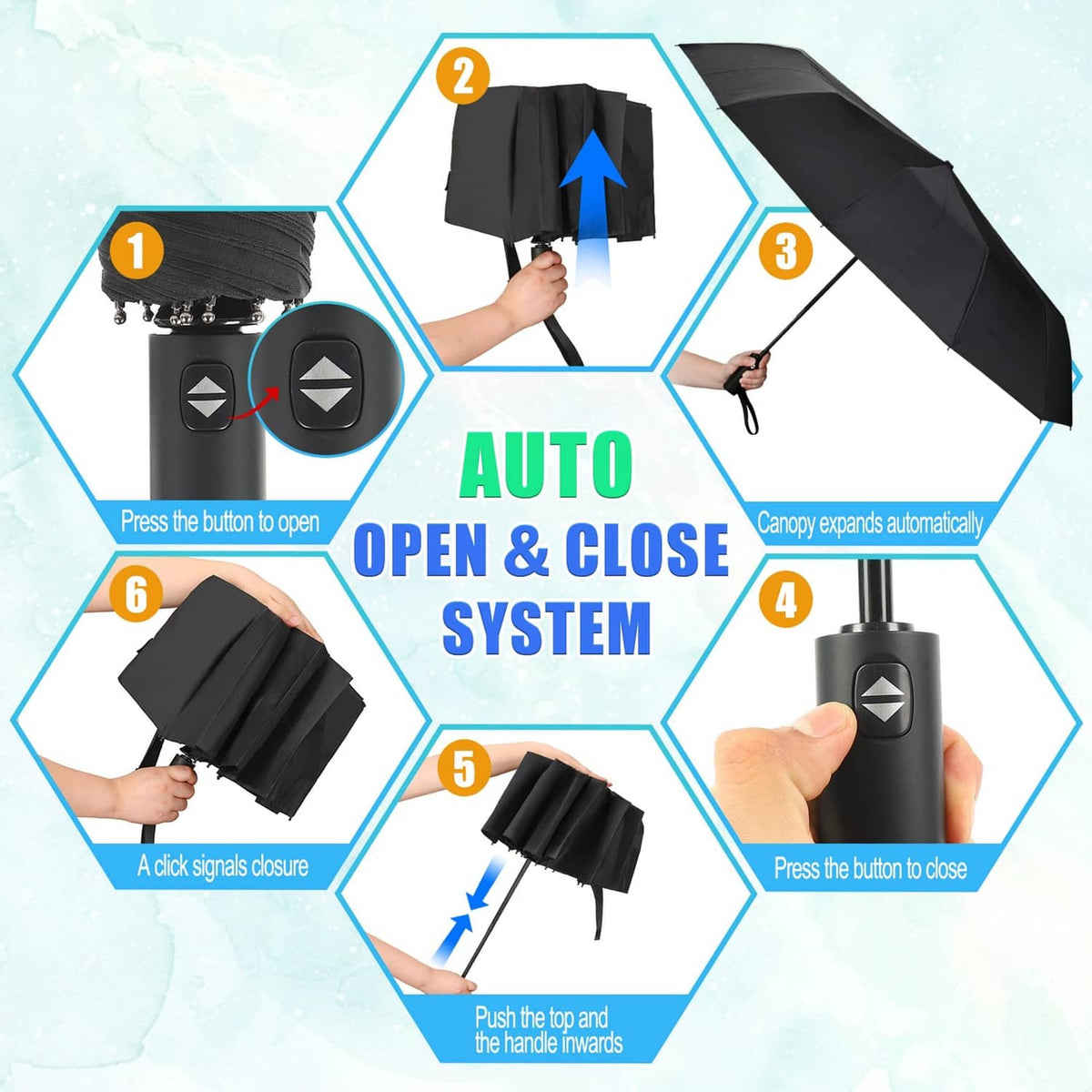 Black auto open and close umbrella with button control and wrist strap