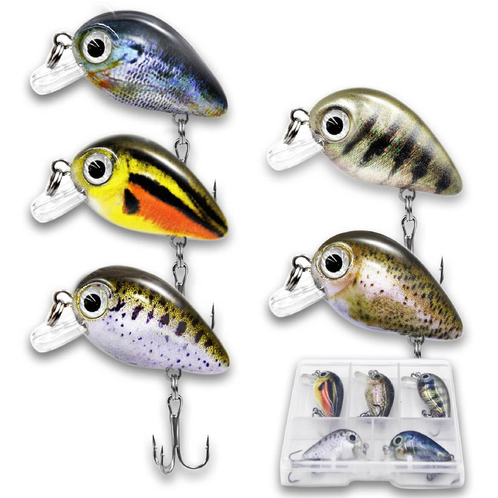 Micro crankbait lure set with five lifelike minnow lures and treble hooks