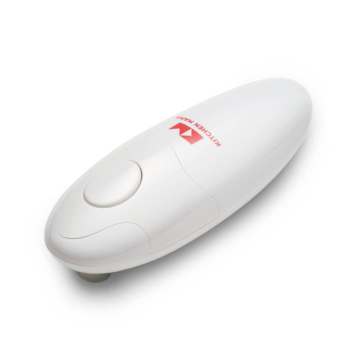 Kitchen Mama auto electric can opener, white oval body with round start button