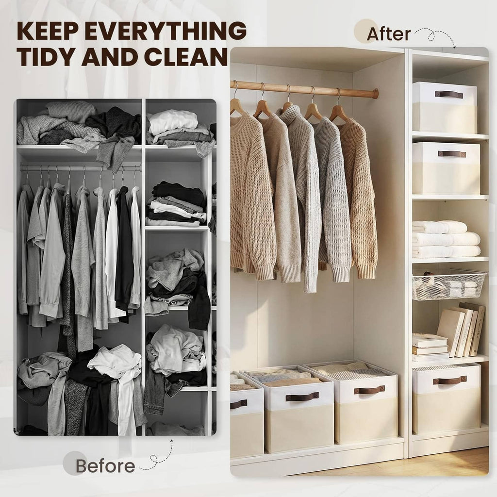 Rectangular storage baskets in white and beige with dark handles for organized closet storage.