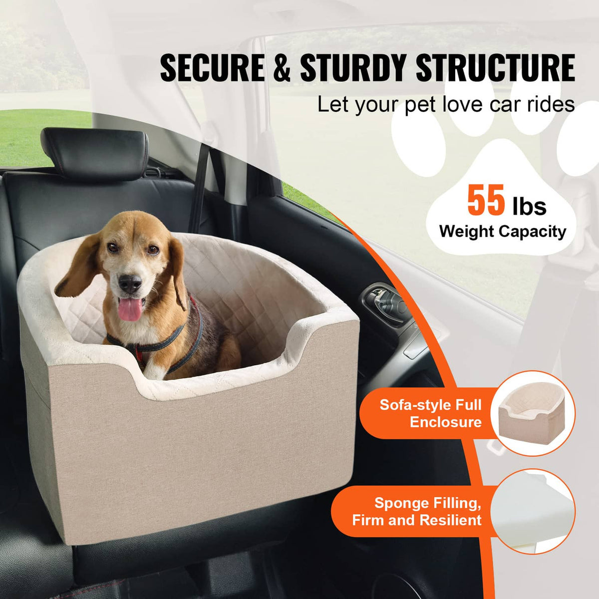 Brown pet booster car seat with dog, designed for car seat mounting